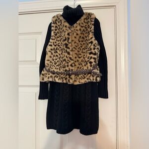 Girls Leopard Print Faux Fur Vest with Black Knit Dress